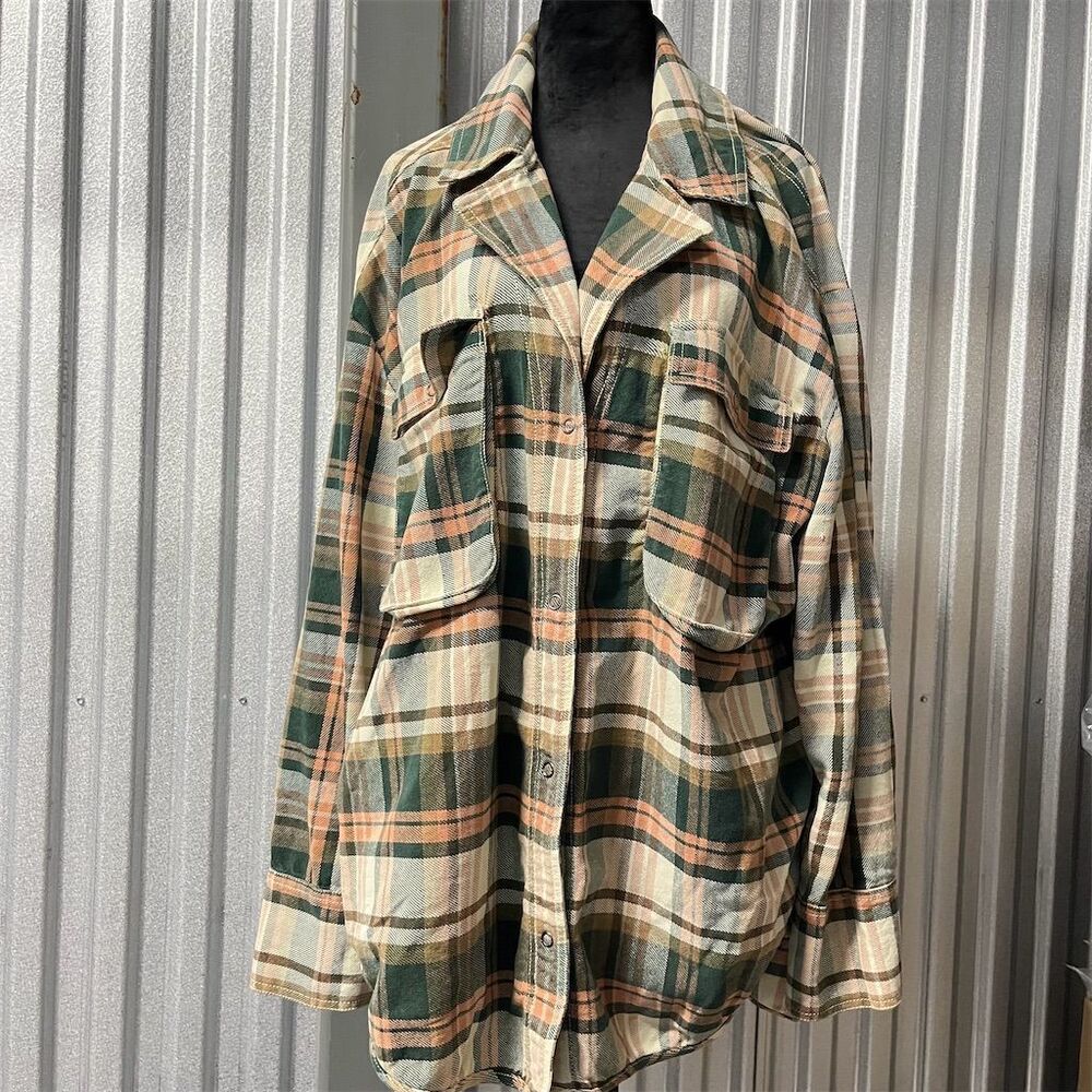 Free People Women's XL Plaid Shacket Jacket Multicolor Long Sleeve Oversized
